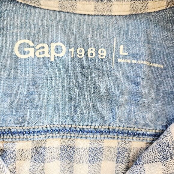 GAP 1969 Cotton Tan Blue Plaid Checkered Long Sleeve Button Down Chore Shirt L - Picture 7 of 7